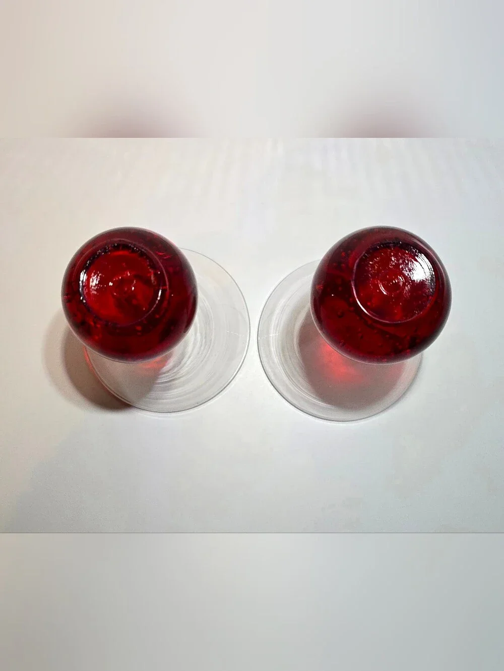 MCM Red Controlled Bubble Base Martini Glass Set of 2 Vintage Art Deco Drinkware